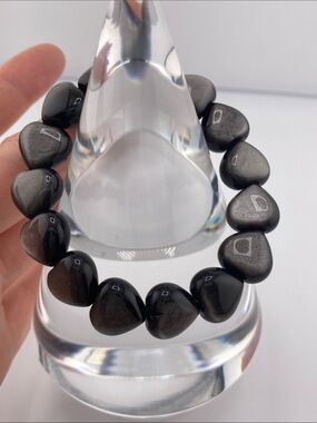 Silver Sheen Obsidian Heart Bracelet - Natural Reflective Black Carved Beads